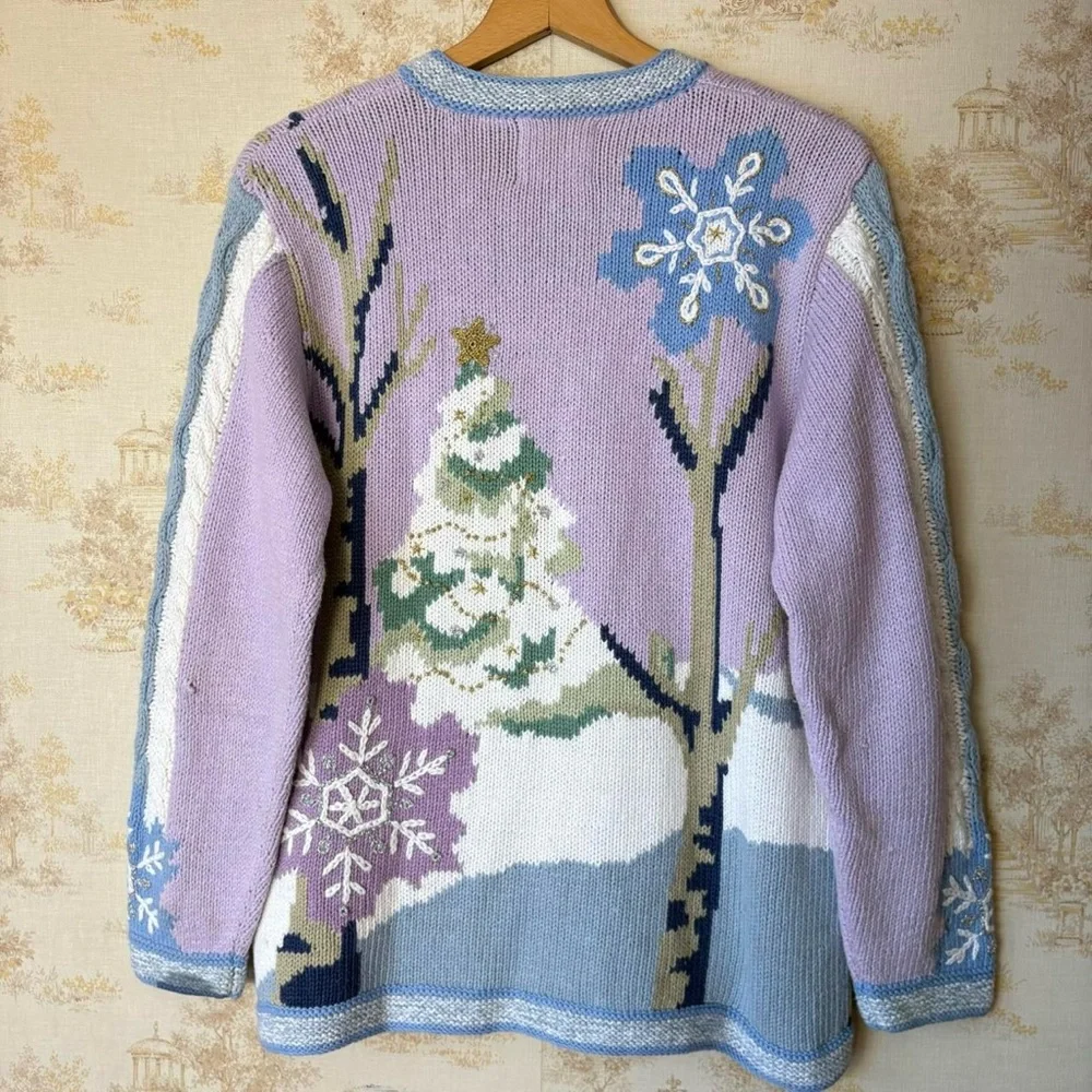 Vintage Storybook Knits purple snowflake Christmas art to wear cardigan sweater - Picture 2 of 8
